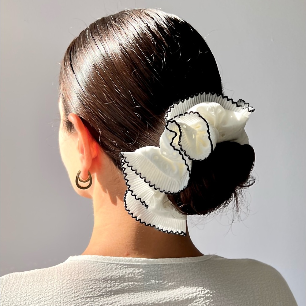 Handmade Eyelet Ruffle White Scrunchie with Pleated Chiffon Lace, Bun Holder